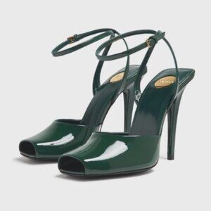 Saint Laurent La Scandale Heeled Sandals Ankle Strap Green Leather Size 38.5